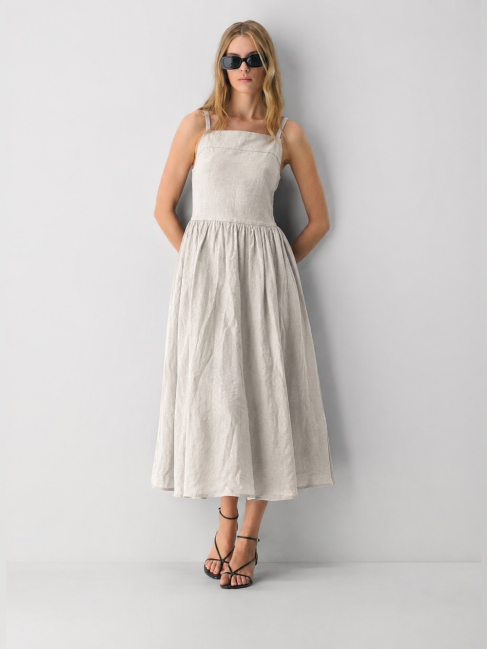Dalia Linen Blend Midi Dress Large NWOT Neutral Beige Cottagecore Minimalist - Picture 14 of 14